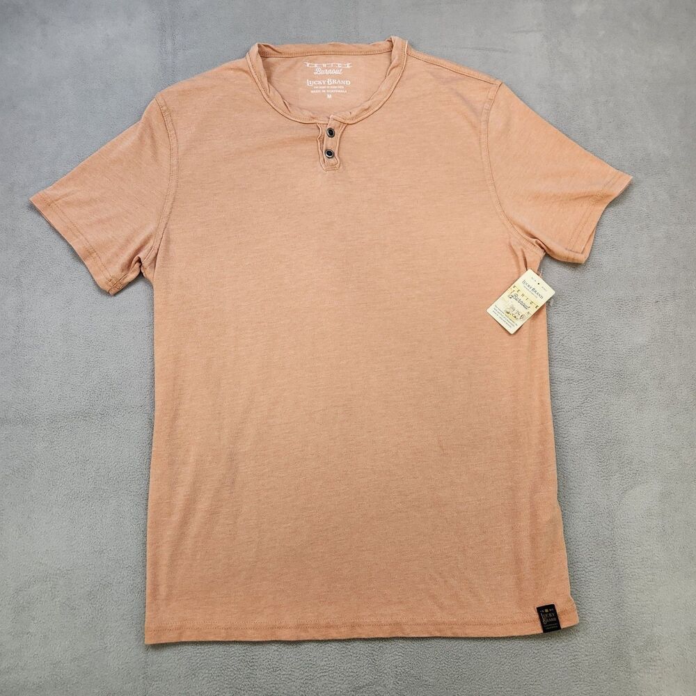 Lucky Brand Venice Burnout Henley Shirt Men's Size M Orange Short Sleeve NWT